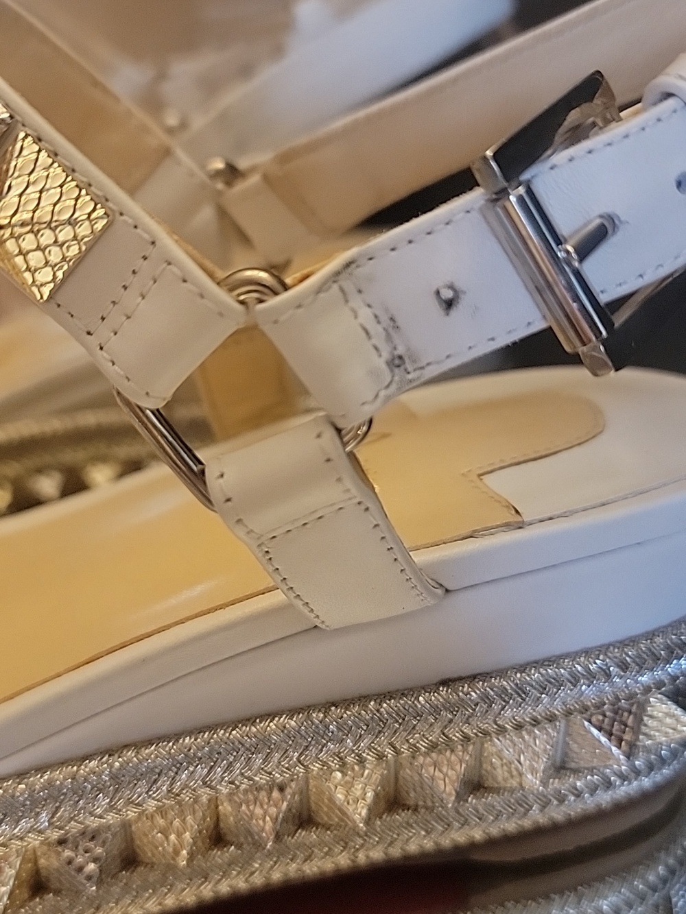 Christian Louboutinn White Kid Leather  Studded Sandals with Gold Accents Sz36 - Picture 7 of 14